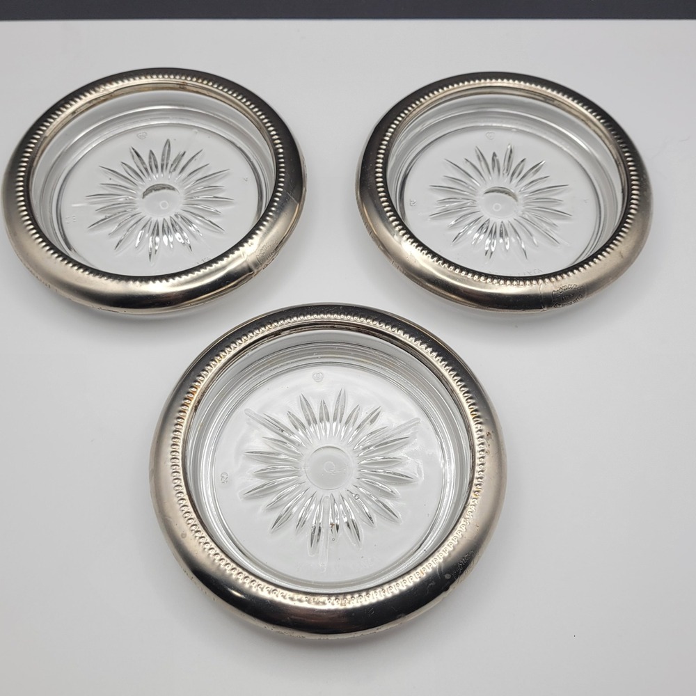 Leonard‎ Silverplate Glass Coasters Set of 3 Made in Italy Sunburst Beaded Rim